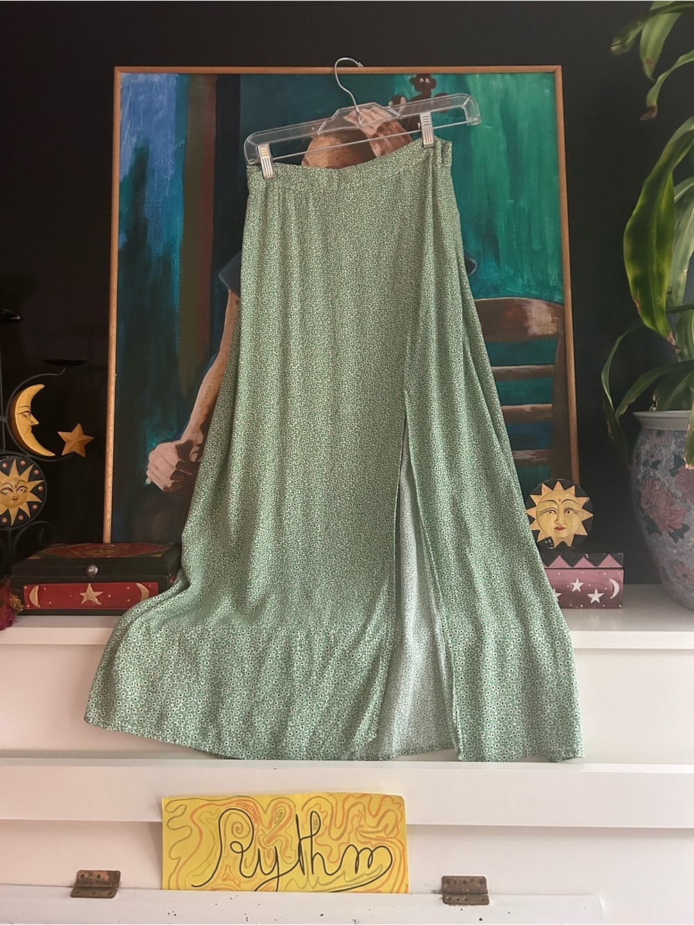 Green Ditsy Floral Front Slit Maxi Skirt Women’s Size 6